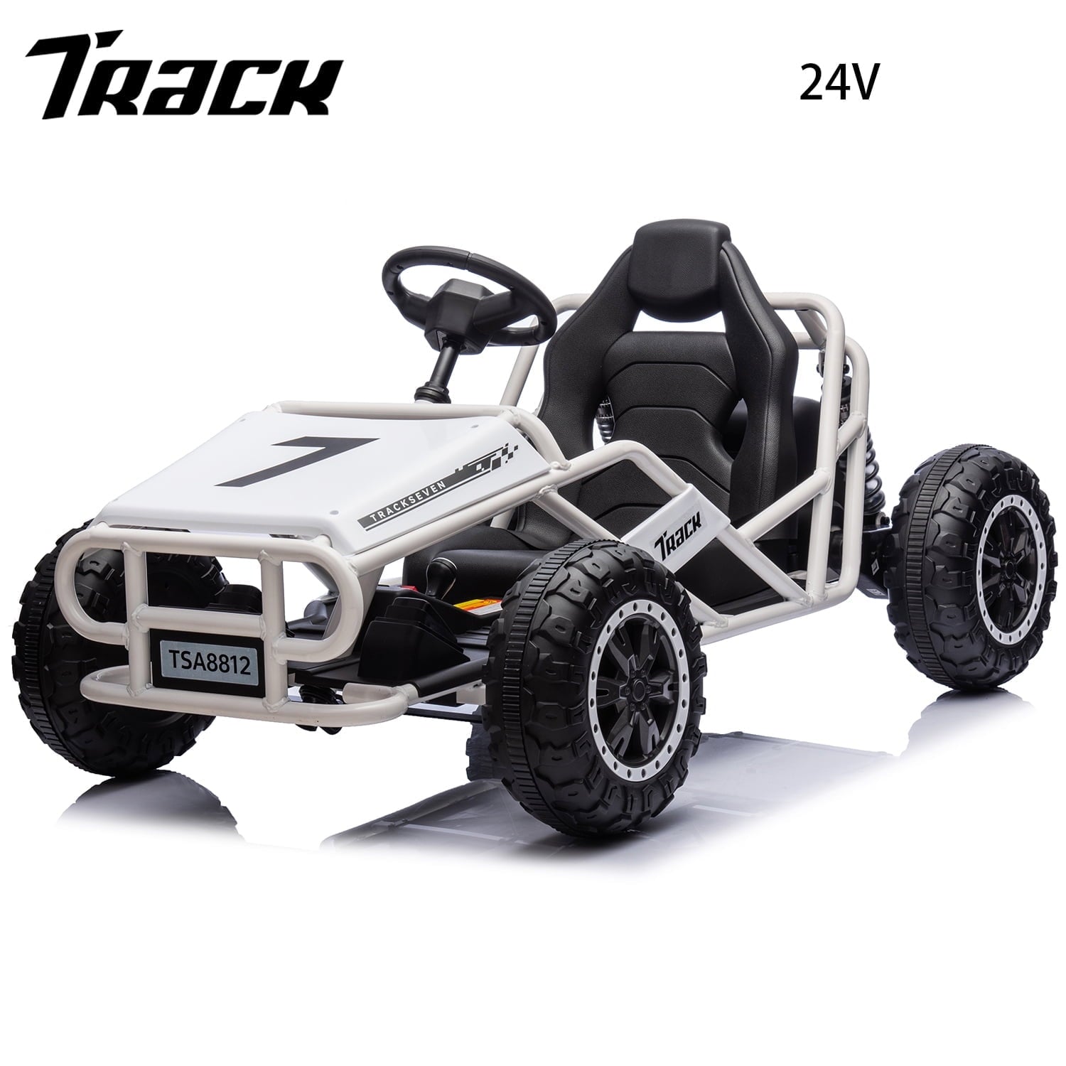 Track 7 24V Electric Go Kart, Outdoor Ride on Car, Go Kart for Kids Age 3-8 Years, Independent Electronic Brake Foot Pedal, Kids Car, White
