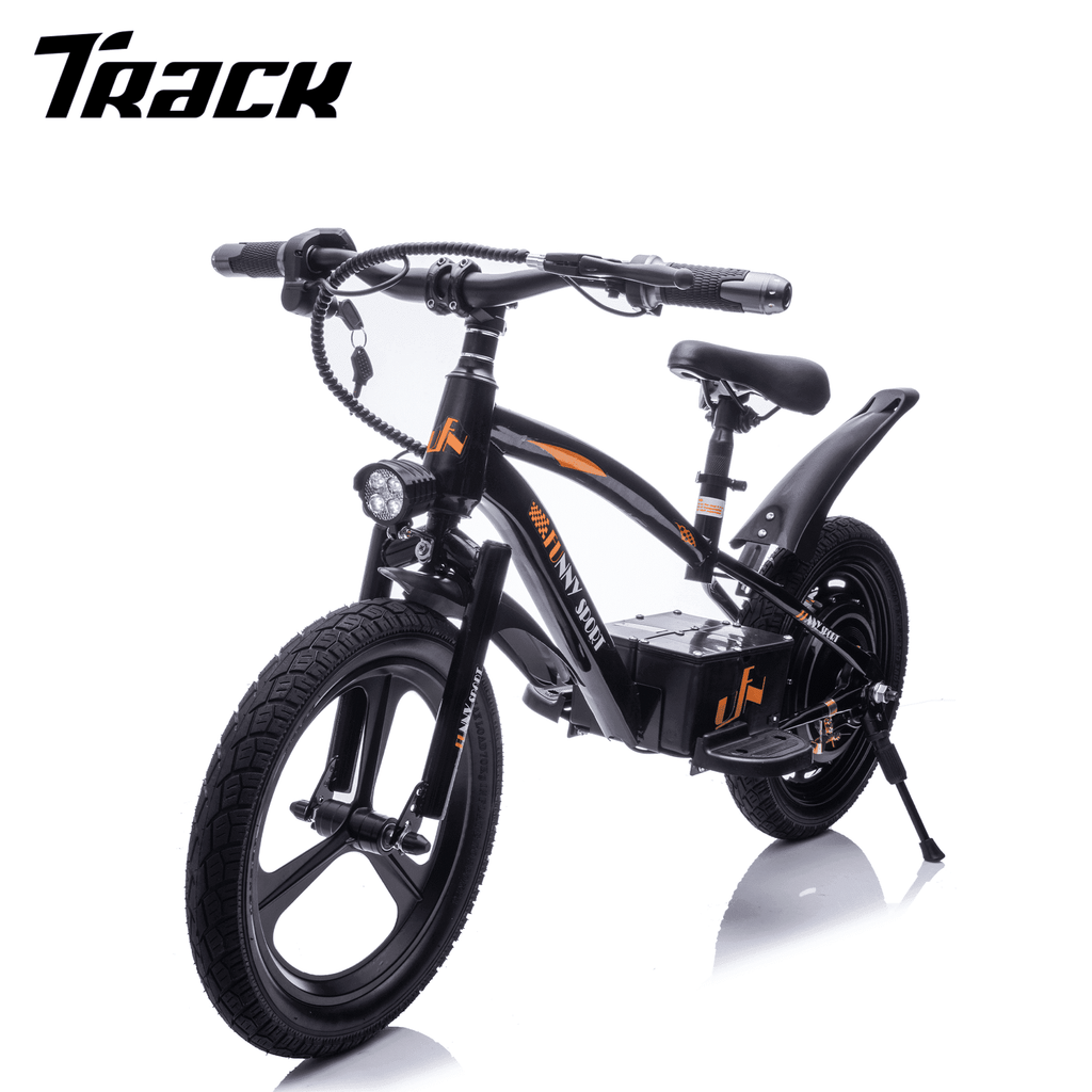 Track Seven 24V Kids Electric Dirt Bike, Ride on Mini Bike, 300W Super Power Motor, Up to 12.43 MPH, 16" Wheels, Adjustable Seat Height, Bright Headlight, Hand-Operated Brakes for Ages 5+, Black