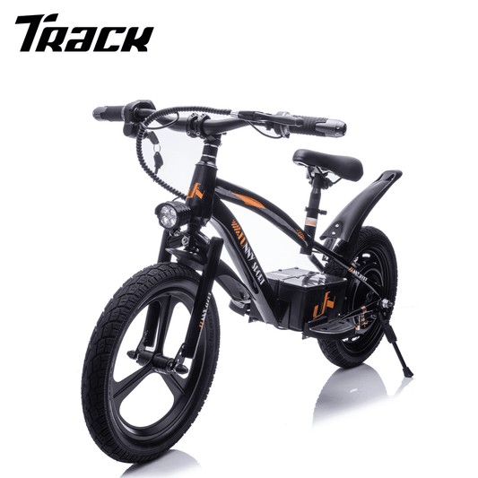 Track Seven 24V Kids Electric Dirt Bike, Ride on Mini Bike, 300W Super Power Motor, Up to 12.43 MPH, 16" Wheels, Adjustable Seat Height, Bright Headlight, Hand-Operated Brakes for Ages 5+, Black