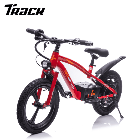 Track Seven 24V Kids Electric Dirt Bike, Ride on Mini Bike, 300W Super Power Motor, Up to 12.43 MPH, 16" Wheels, Adjustable Seat Height, Bright Headlight, Hand-Operated Brakes for Ages 5+, Red