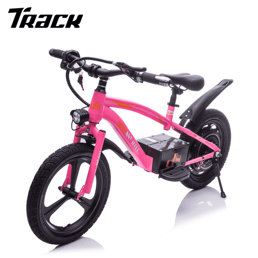 Track Seven 24V Kids Electric Dirt Bike, Ride on Mini Bike, 300W Super Power Motor, Up to 12.43 MPH, 16" Wheels, Adjustable Seat Height, Bright Headlight, Hand-Operated Brakes for Ages 5+, Pink