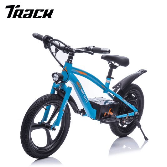 Track Seven 24V Kids Electric Dirt Bike, Ride on Mini Bike, 300W Super Power Motor, Up to 12.43 MPH, 16" Wheels, Adjustable Seat Height, Bright Headlight, Hand-Operated Brakes for Ages 5+, Blue