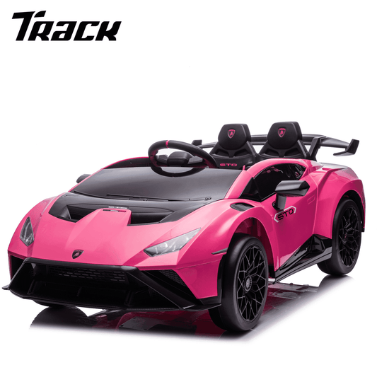 Track Seven 24V Kids Ride on Car, Licensed Lamborghini STO Electric Car, 360° Spin, Speeds 1.86-5.59 MPH, LED Lights & Dynamic Music, Foam Wheels & Drift Mode for Ages 3-8, Pink