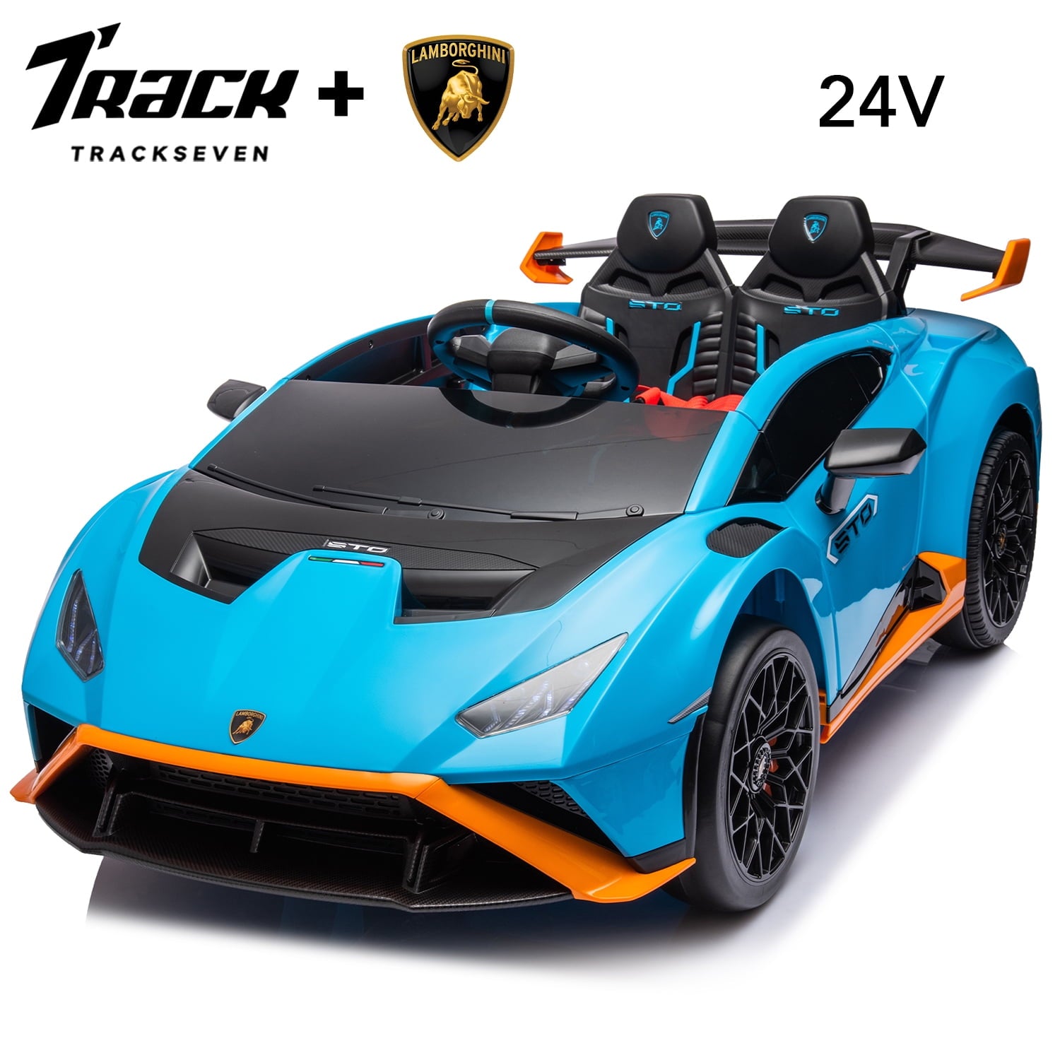 Track 7 24V Kids Ride on Car, Licensed Lamborghini STO Electric Car for Boys Girls, 2-Seater Ride on Drift Car with Remote Control, Music, 360° Spin, Max Speed 6mph, Grey