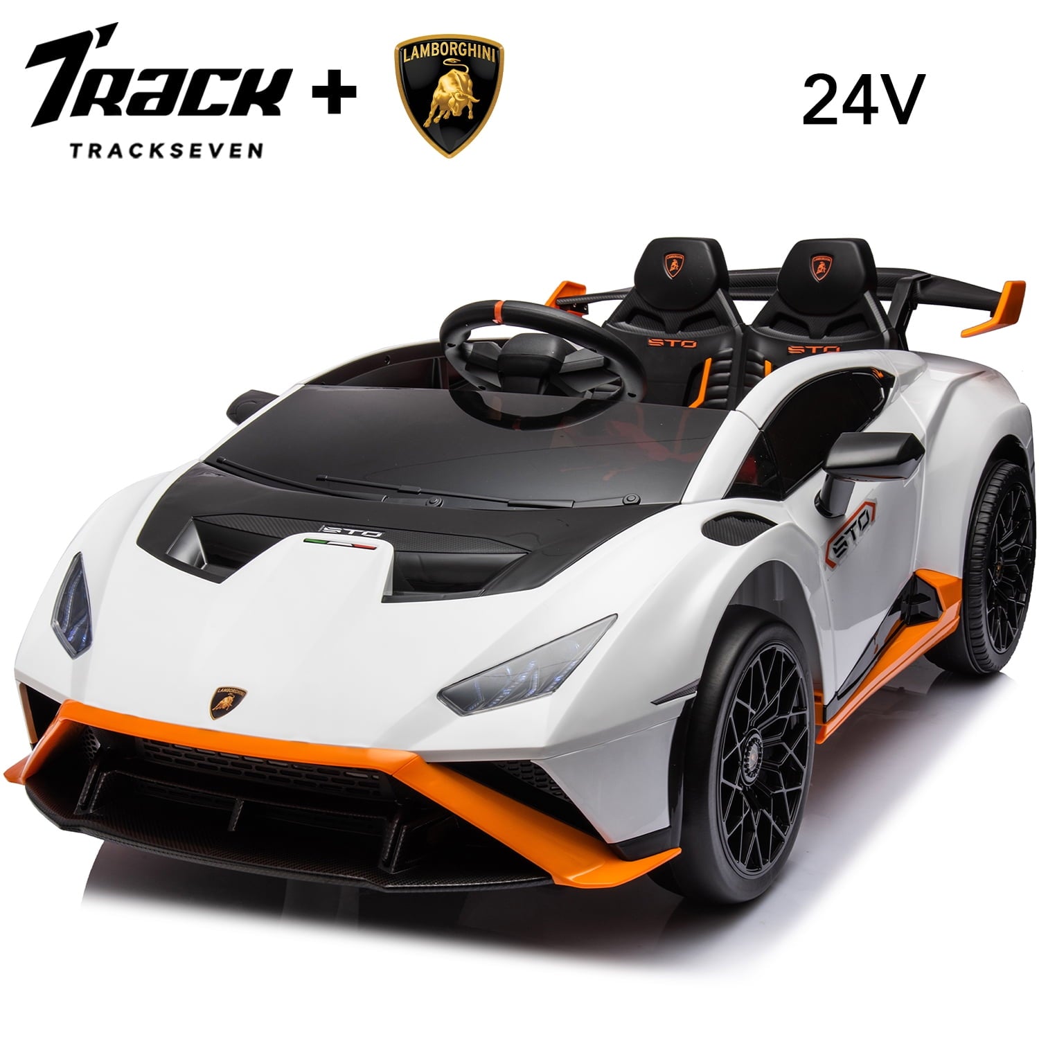 Track 7 24V Kids Ride on Car, Licensed Lamborghini STO Electric Car for Boys Girls, 2-Seater Ride on Drift Car with Remote Control, Music, 360° Spin, Max Speed 6mph, Grey