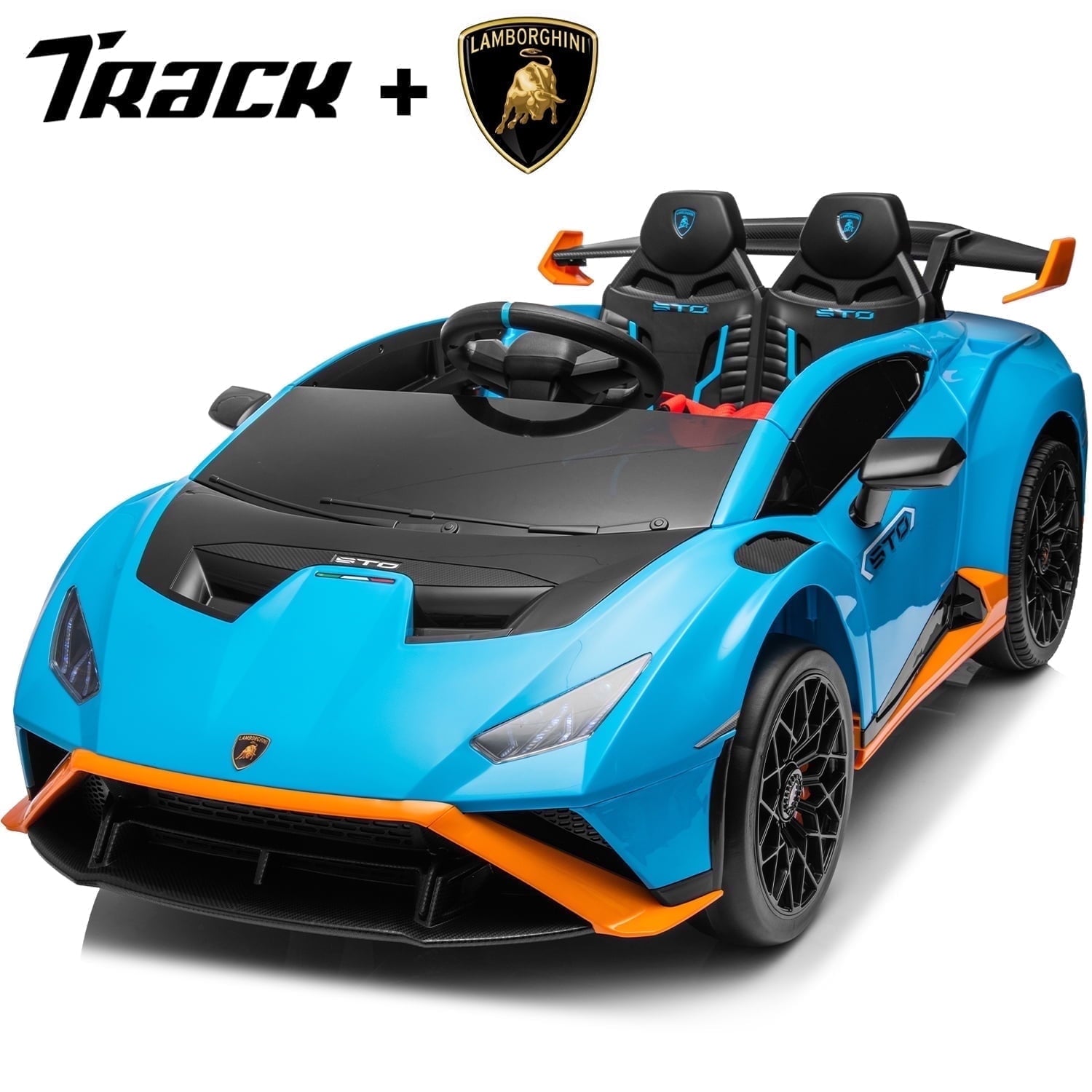 Track Seven 24V Kids Ride on Car, Licensed Lamborghini STO Electric Car for Boys Girls, 2-Seater Ride on Drift Car with Remote Control, Music, 360° Spin, Max Speed 6mph, White