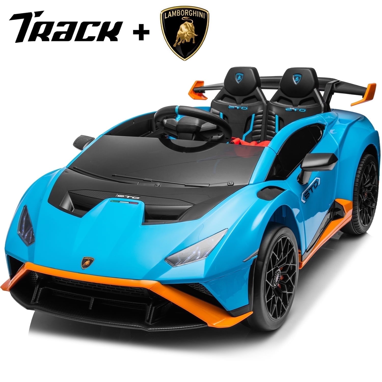 Track Seven 24V Kids Ride on Car, Licensed Lamborghini STO Electric Car for Boys Girls, 2-Seater Ride on Drift Car with Remote Control, Music, 360° Spin, Max Speed 6mph, Grey