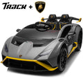 Track Seven 24V Kids Ride on Car, Licensed Lamborghini STO Electric Car for Boys Girls, 2-Seater Ride on Drift Car with Remote Control, Music, 360° Spin, Max Speed 6mph, Grey