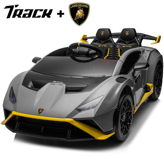 Track Seven 24V Kids Ride on Car, Licensed Lamborghini STO Electric Car for Boys Girls, 2-Seater Ride on Drift Car with Remote Control, Music, 360° Spin, Max Speed 6mph, Grey