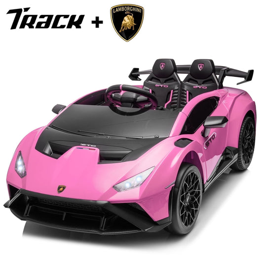 Track Seven 24V Kids Ride on Car, Licensed Lamborghini STO Electric Car for Boys Girls, 2-Seater Ride on Drift Car with Remote Control, Music, 360° Spin, Max Speed 6mph, Pink