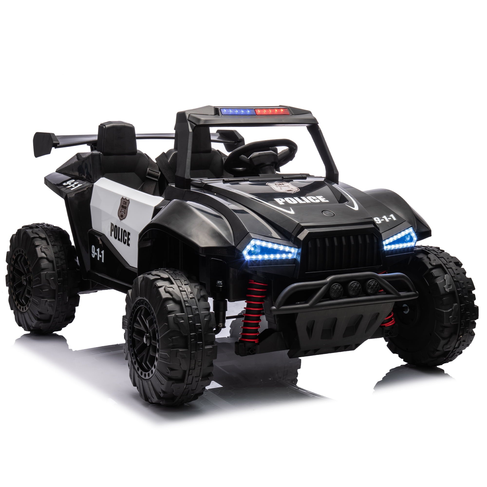 Track 7 24V Kids Ride On Car, 2-Seater Kids Ride On Police Car, 4-Wheel Suspension, with Megaphone, Walkie Talkie, Power Display, Bluetooth, Music, LED Lights for Kids Age 3+, Blue
