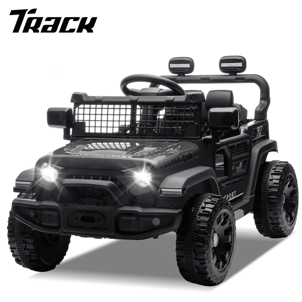 Track 7 24V Kids Ride-On Car with Remote Control, 2WD, Four-Wheel Suspension with Large Wheel Design, Power Display, Bluetooth, MP3 Player, LED Lights, and Speed Control for Ages 2-5, Black