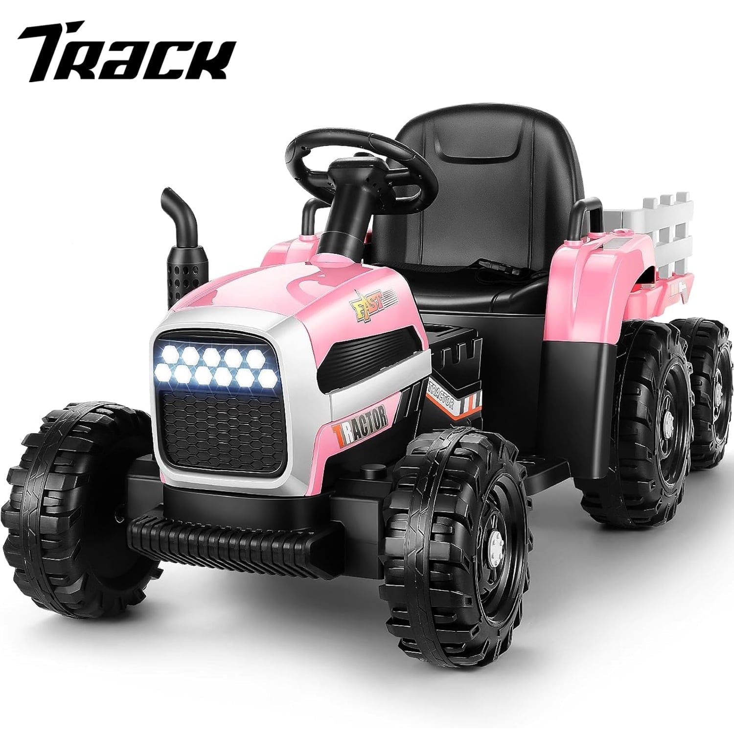 Track 7 24V Kids Ride-On Tractor Trailer, 200W Dual Motor Electric Toy, Remote Control, 3 Speeds (1.86-4.97 MPH), Bluetooth/MP3/USB, LED Lights & Safety Belt for Ages 3+, Green