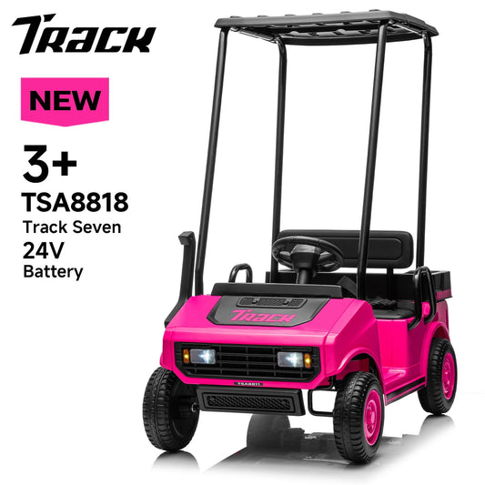 Track Seven 24V Kids Ride on Car, Electric Car with Ceiling, Ride on Truck with Remote Control, Music, Rear Storage Box, Pink