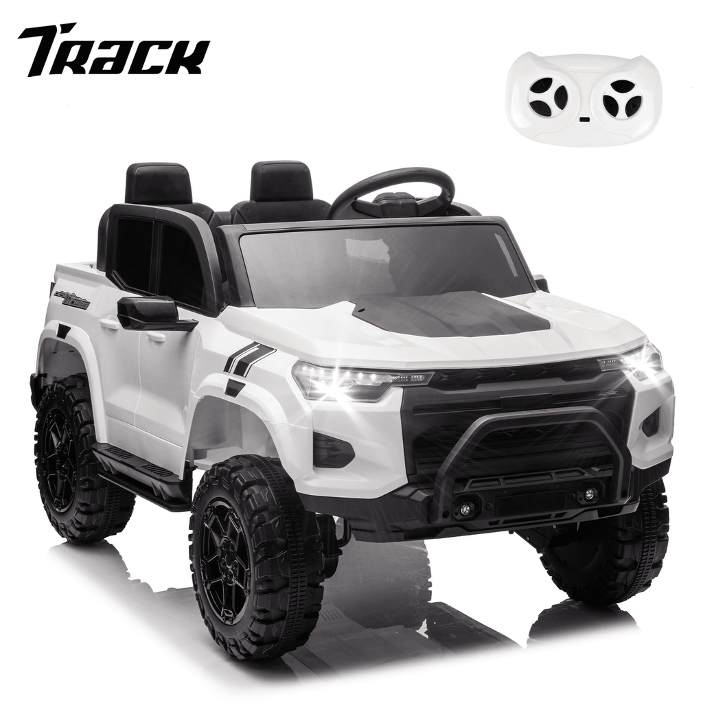 Track 7 24V Ride on Car, 2-Seater Kids Ride on Pickup Car with Remote Control, Bluetooth, 4 x 200W Motor Electric Car, 3 speeds, LED Lights, Spring Suspension, White