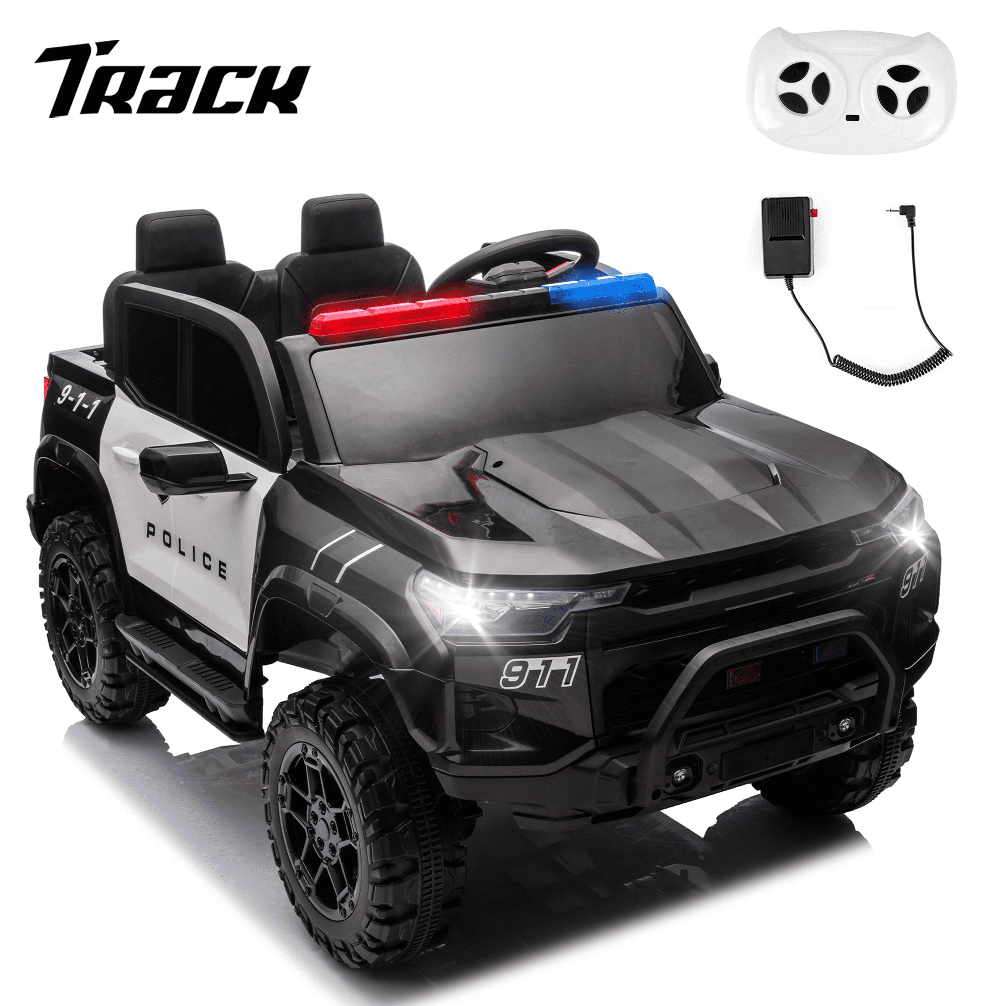 Track 7 24V Ride on Car, 2-Seater Kids Ride on Pickup Police Car with Remote Control, Bluetooth, 4 x 200W Motor Electric Car, 3 speeds, LED Lights, Spring Suspension, Pink