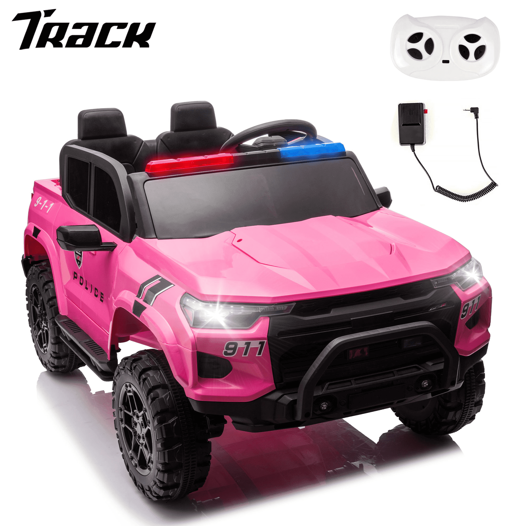 Track 7 24V Ride on Car, 2-Seater Kids Ride on Pickup Car with Remote Control, Bluetooth, 4 x 200W Motor Electric Car, 3 speeds, LED Lights, Spring Suspension, White