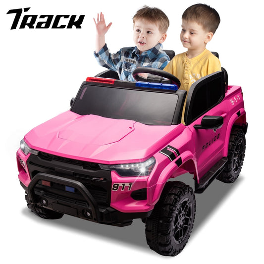 Track Seven 24V Ride on Car, 2-Seater Kids Ride on Pickup Police Car with Remote Control, Bluetooth, 4 x 200W Motor Electric Car, 3 speeds, LED Lights, Spring Suspension, Pink