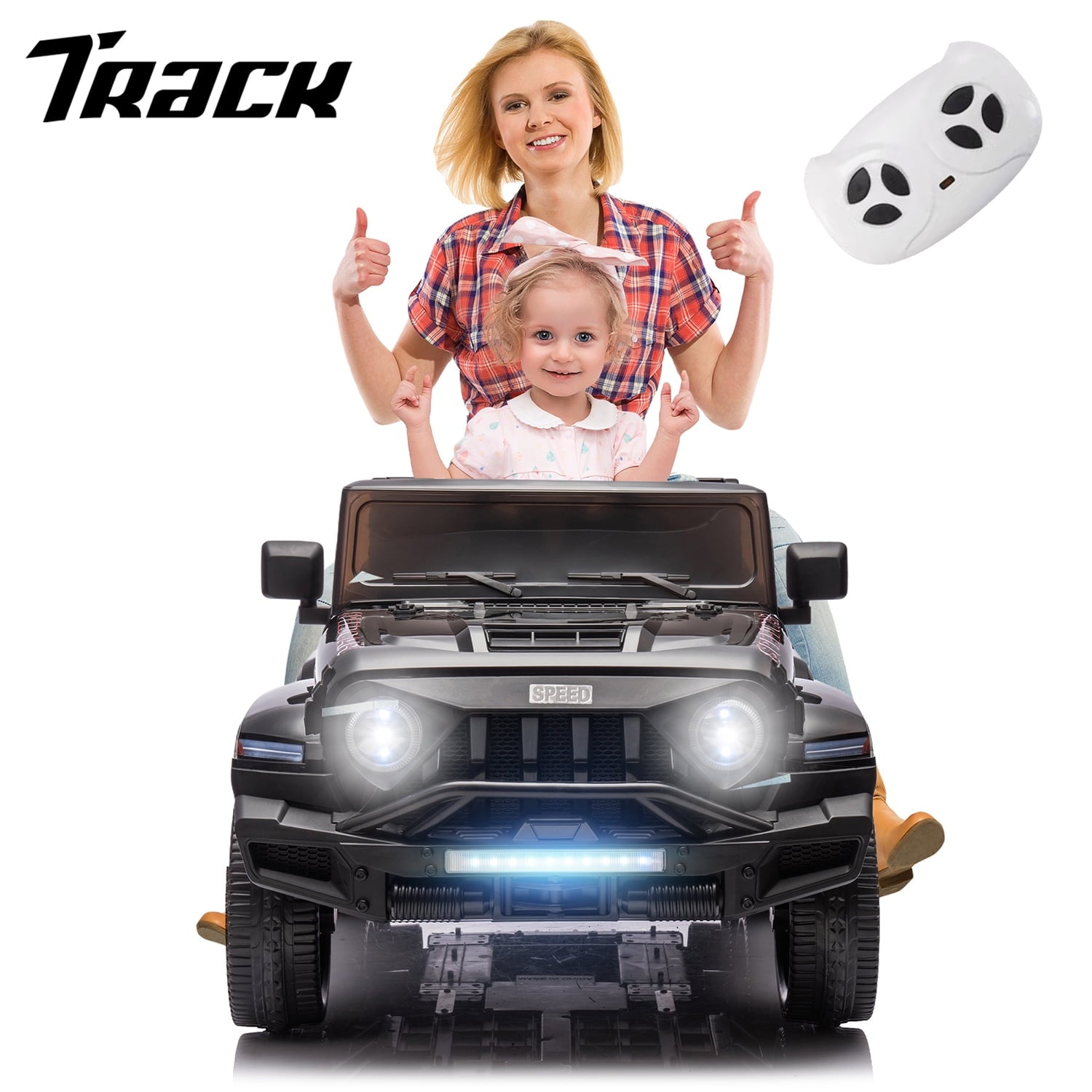 Track 7 24V Ride on Car, 4WD Electric Car for Boys Girls Age 3+, 6 Wheels Ride on Car with Remote Control, Music, Lights, Rocking Mode, Storage Box, Black