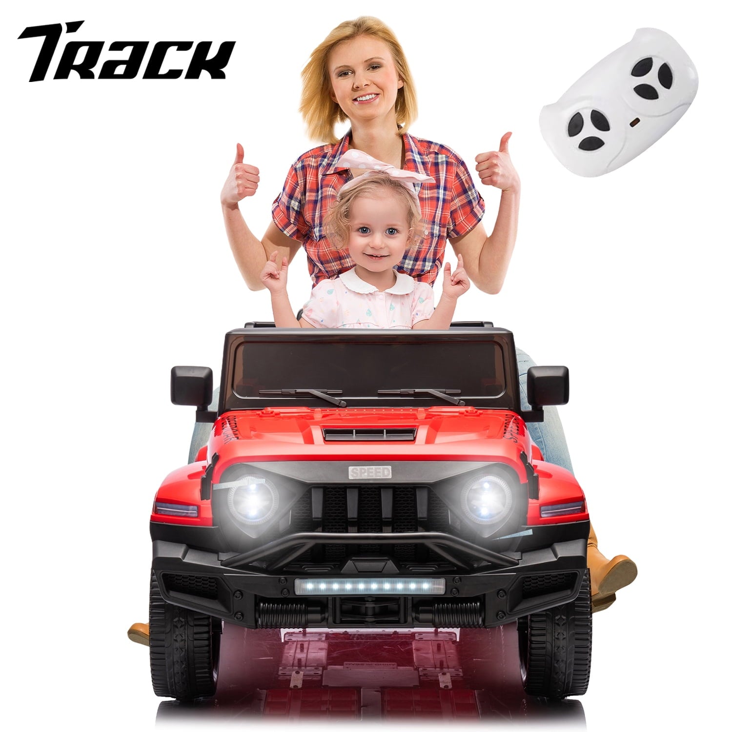 Track 7 24V Ride on Car, 4WD Electric Car for Boys Girls Age 3+, 6 Wheels Ride on Car with Remote Control, Music, Lights, Rocking Mode, Storage Box, White
