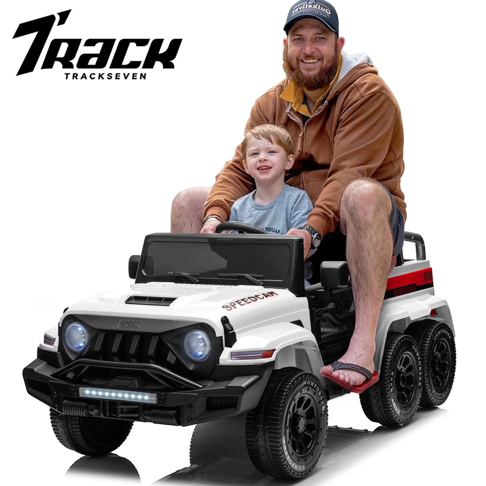 Track 7 24V Ride on Car, 4WD Electric Car for Boys Girls Age 3+, 6 Wheels Ride on Car with Remote Control, Music, Lights, Rocking Mode, Storage Box, White