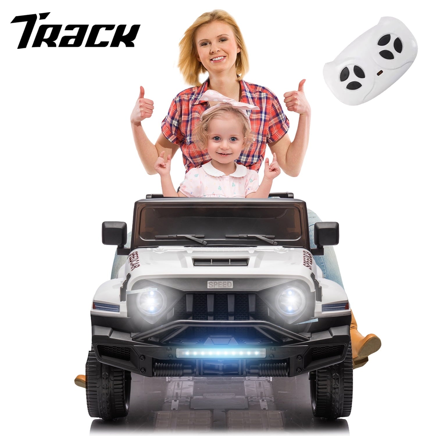 Track 7 24V Ride on Car, 4WD Electric Car for Boys Girls Age 3+, 6 Wheels Ride on Car with Remote Control, Music, Lights, Rocking Mode, Storage Box, Red