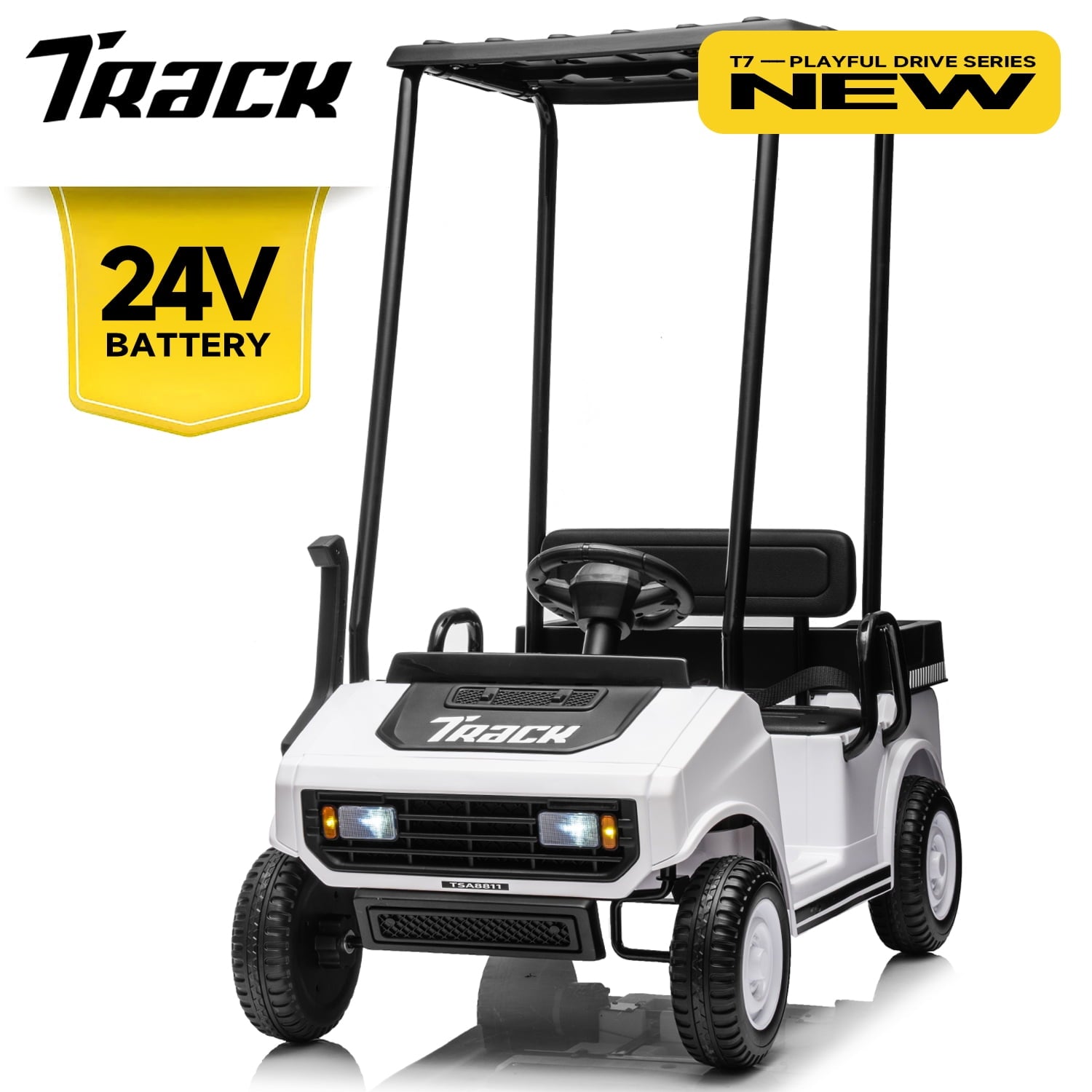 Track 7 24V Ride on Car, Electric Golf Cart with Ceiling, Ride on Truck with Remote Control, Music, Rear Storage Box, Electric Car for Boys Girls Age 3+, 18.5" Large Seat with Armrests, Yellow