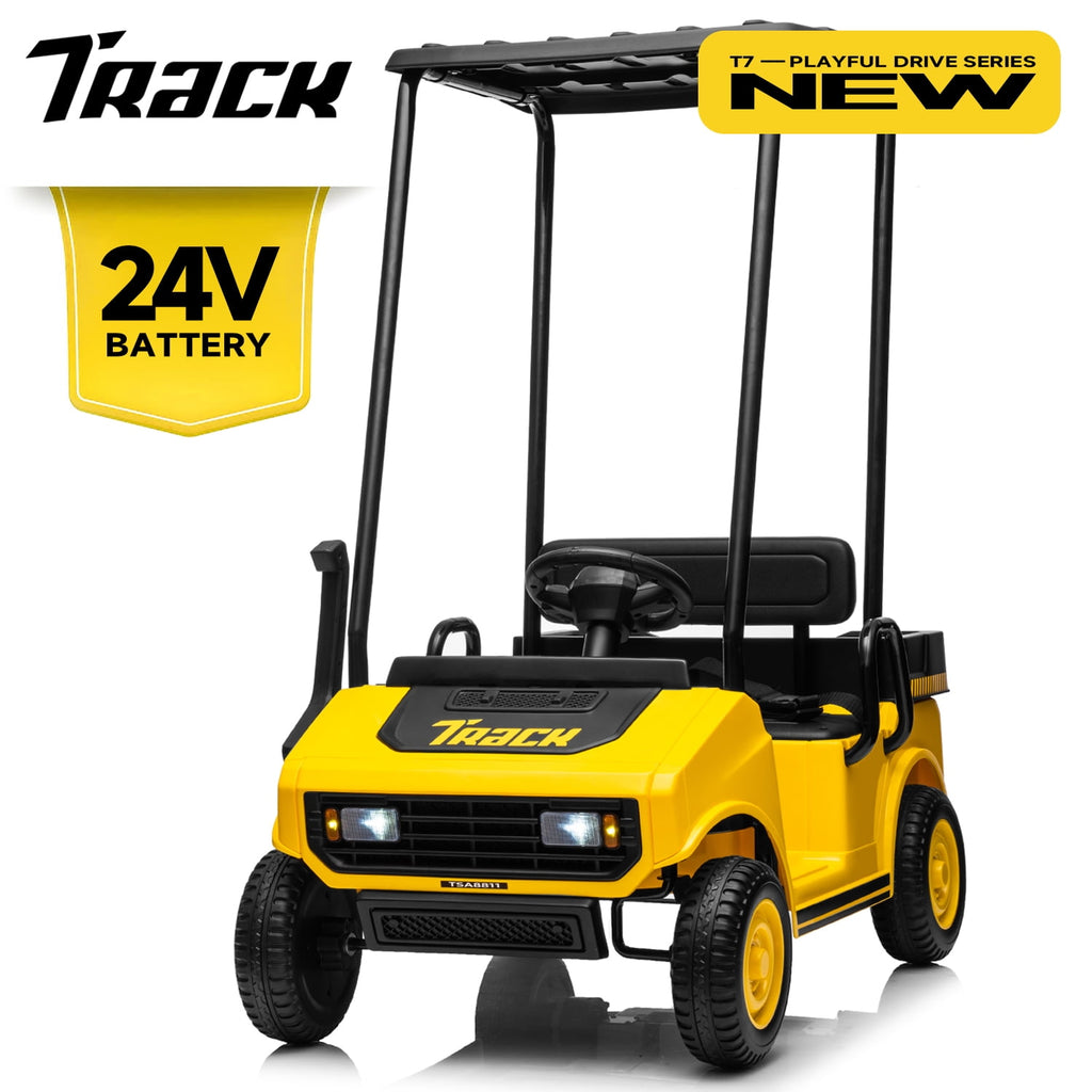 Track 7 24V Ride on Car, Electric Golf Cart with Ceiling, Ride on Truck with Remote Control, Music, Rear Storage Box, Electric Car for Boys Girls Age 3+, 18.5" Large Seat with Armrests, Yellow