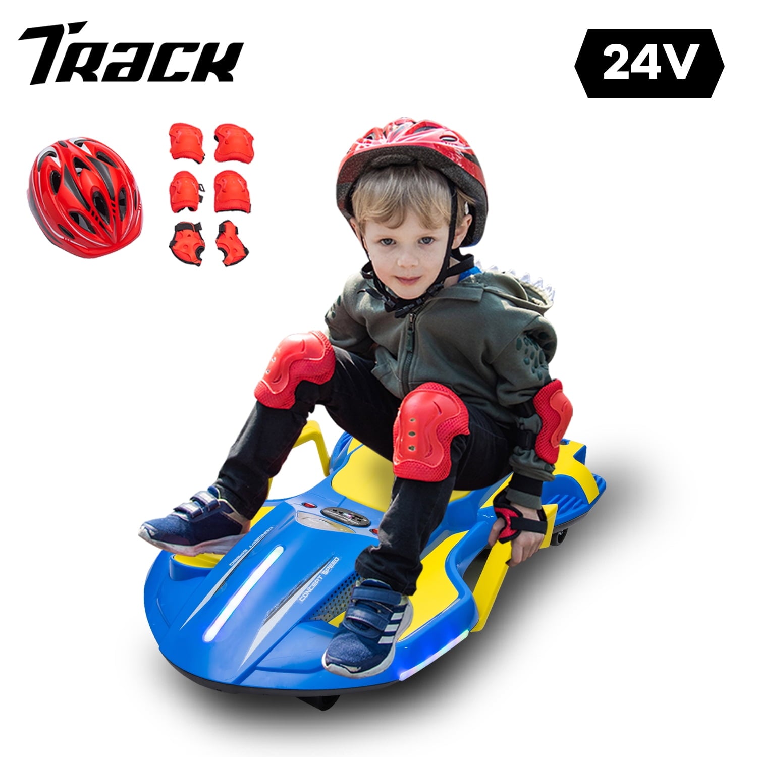 Track 7 24 V Ride on Car with Helmet, Knee Pads, Gloves, Devilfish Pattern Ride on Electric Scooter with Spray Function, Gravity Steering, Music, Hnadrails, Max Speed 6.84 mph, Red