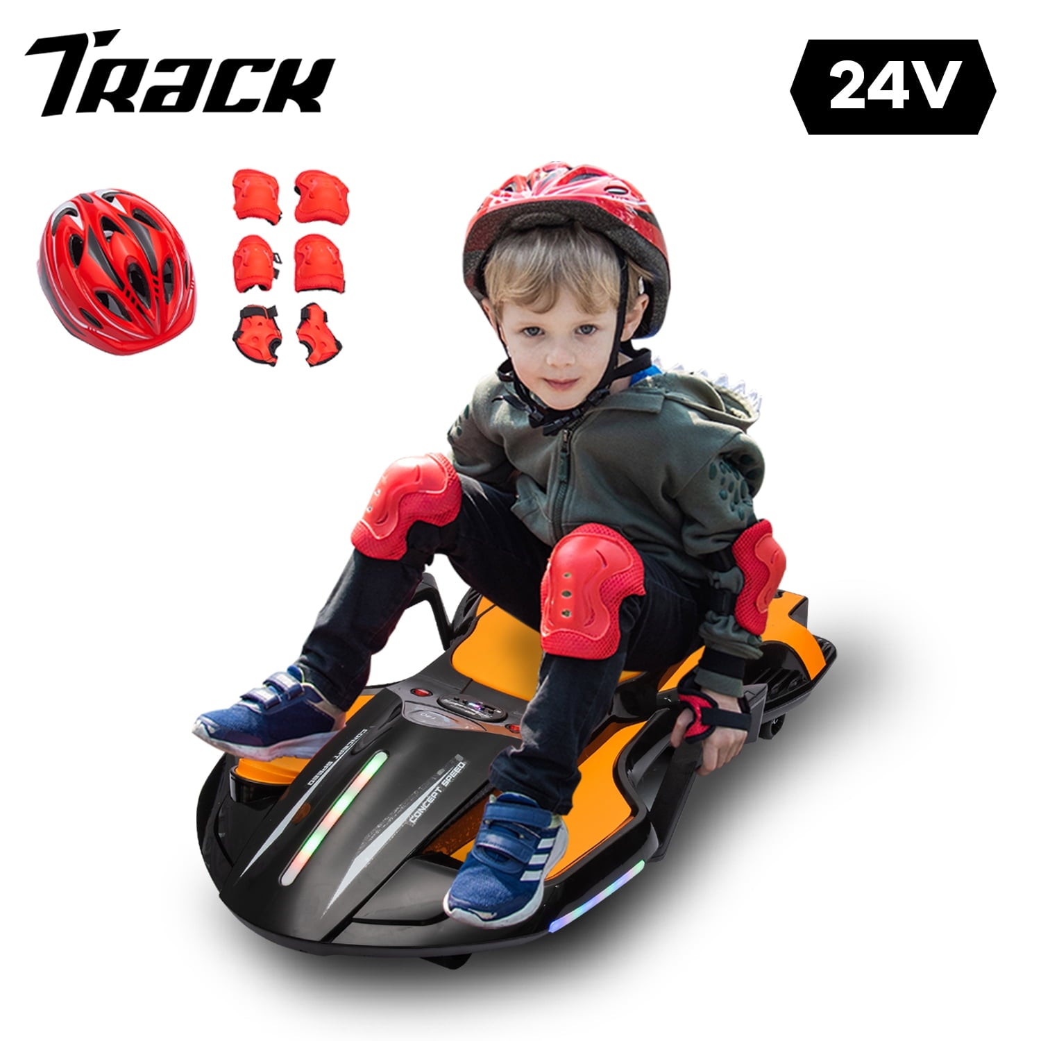 Track 7 24 V Ride on Car with Helmet, Knee Pads, Gloves, Devilfish Pattern Ride on Electric Scooter with Spray Function, Gravity Steering, Music, Hnadrails, Max Speed 6.84 mph, Red