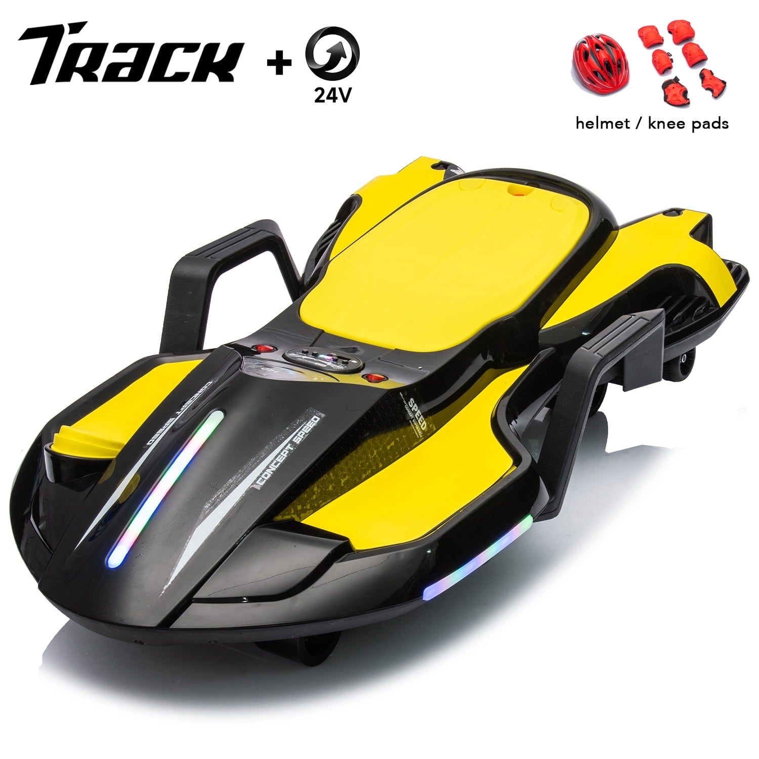 Track 7 24 V Ride on Car with Helmet, Knee Pads, Gloves, Devilfish Pattern Ride on Electric Scooter with Spray Function, Gravity Steering, Music, Hnadrails, Max Speed 6.84 mph, Red