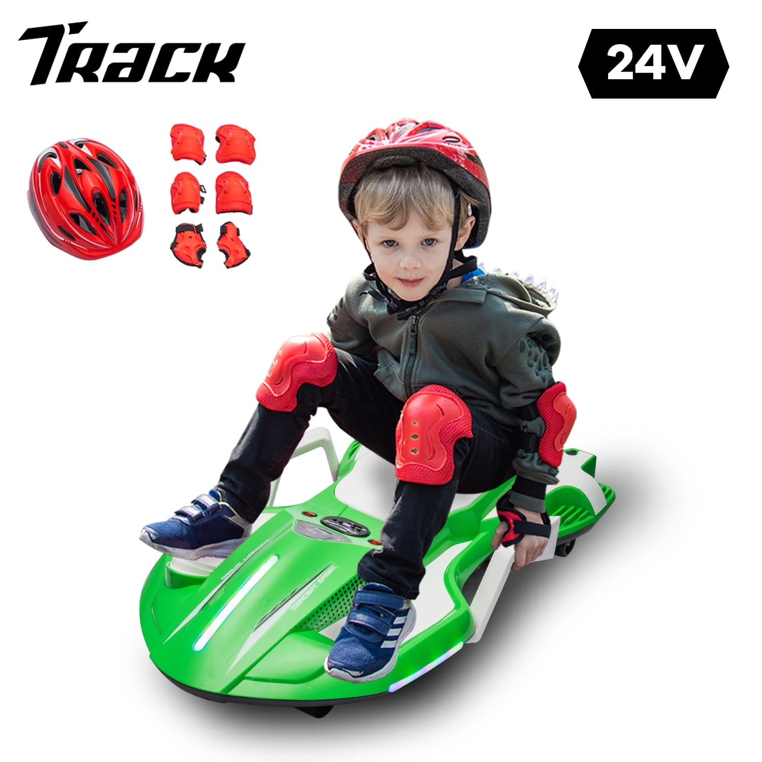 Track 7 24 V Ride on Car with Helmet, Knee Pads, Gloves, Devilfish Pattern Ride on Electric Scooter with Spray Function, Gravity Steering, Music, Hnadrails, Max Speed 6.84 mph, Red