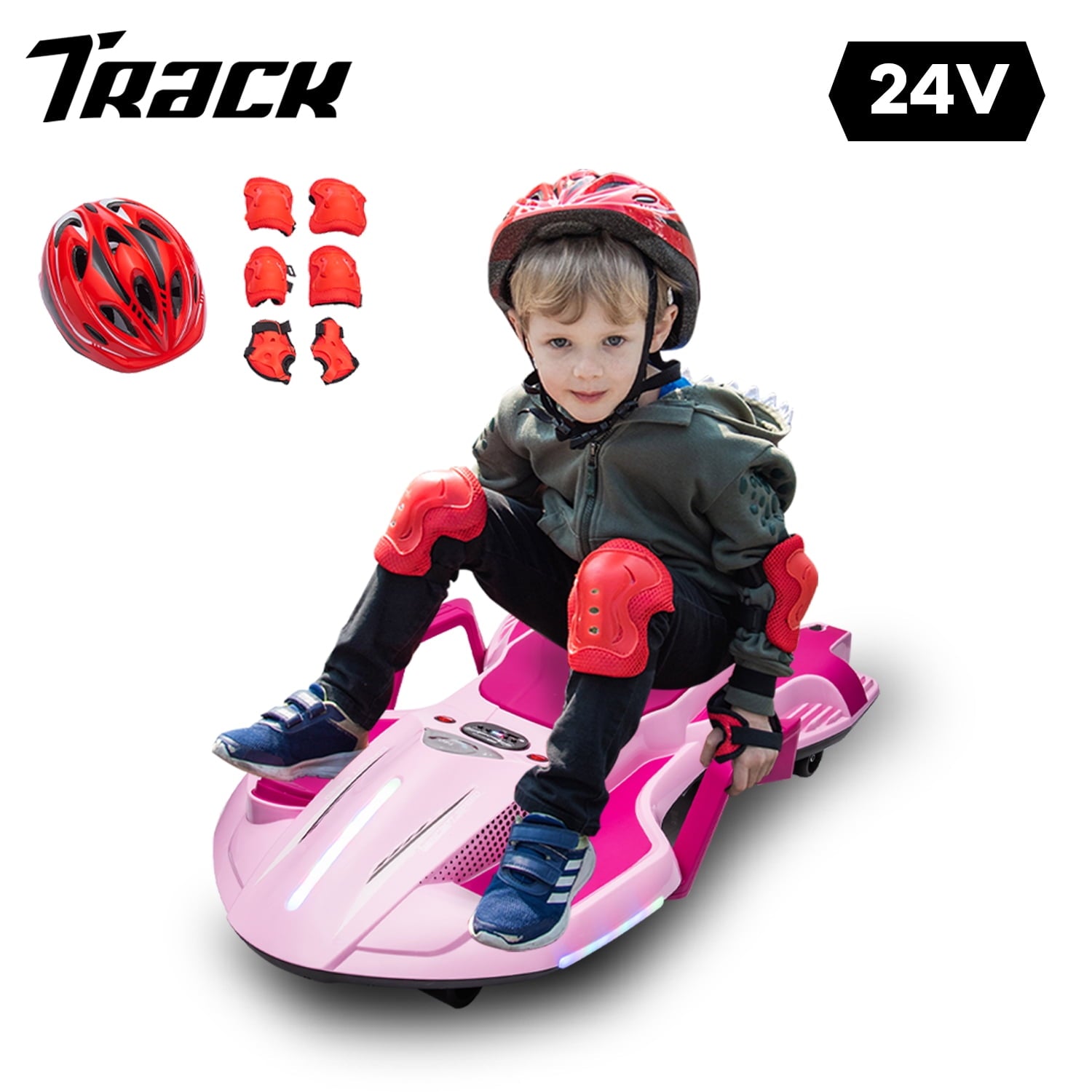 Track 7 24 V Ride on Car with Helmet, Knee Pads, Gloves, Devilfish Pattern Ride on Electric Scooter with Spray Function, Gravity Steering, Music, Hnadrails, Max Speed 6.84 mph, Red