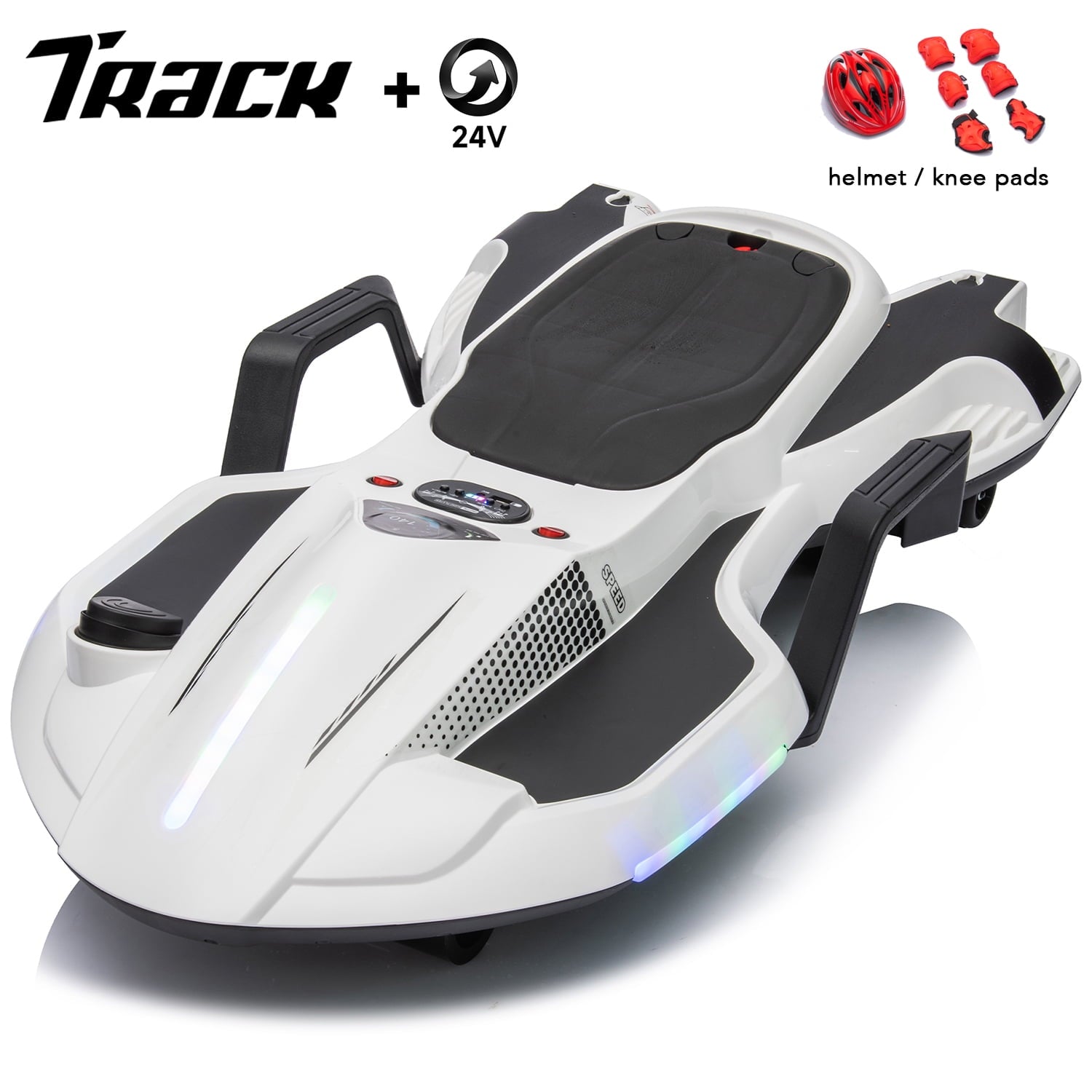 Track 7 24 V Ride on Car with Helmet, Knee Pads, Gloves, Devilfish Pattern Ride on Electric Scooter with Spray Function, Gravity Steering, Music, Hnadrails, Max Speed 6.84 mph, Red