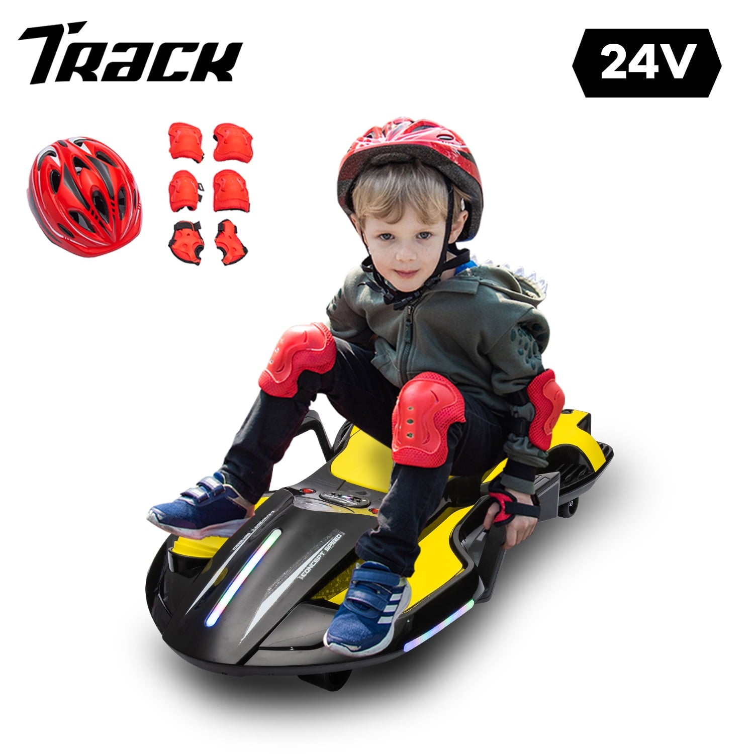 Track 7 24V Ride on Car with Helmet, Knee Pads, Gloves, Devilfish Pattern Ride on Electric Scooter with Spray Function, Gravity Steering, Music, Handrails, Max Speed 6.84 mph, Pink