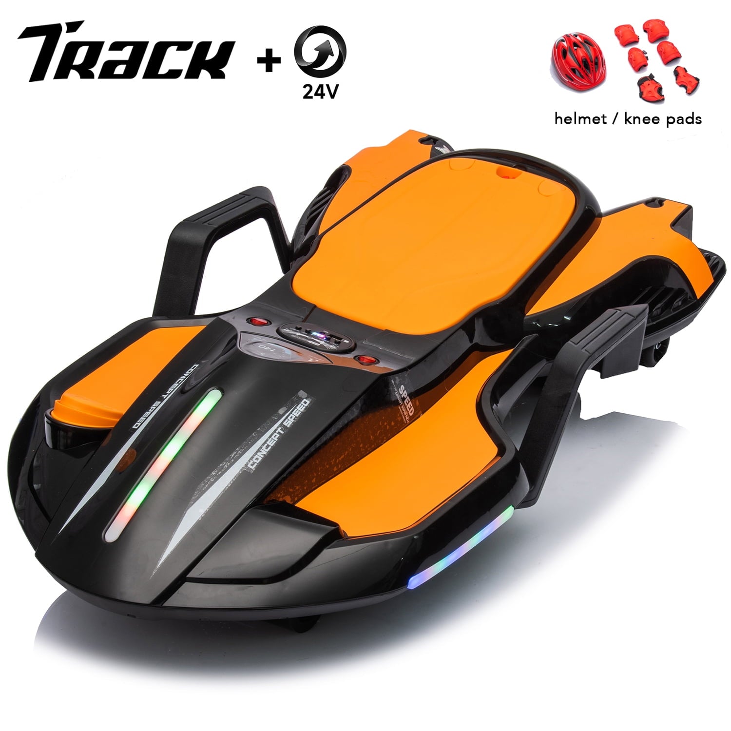 Track 7 24 V Ride on Car with Helmet, Knee Pads, Gloves, Devilfish Pattern Ride on Electric Scooter with Spray Function, Gravity Steering, Music, Hnadrails, Max Speed 6.84 mph, Red