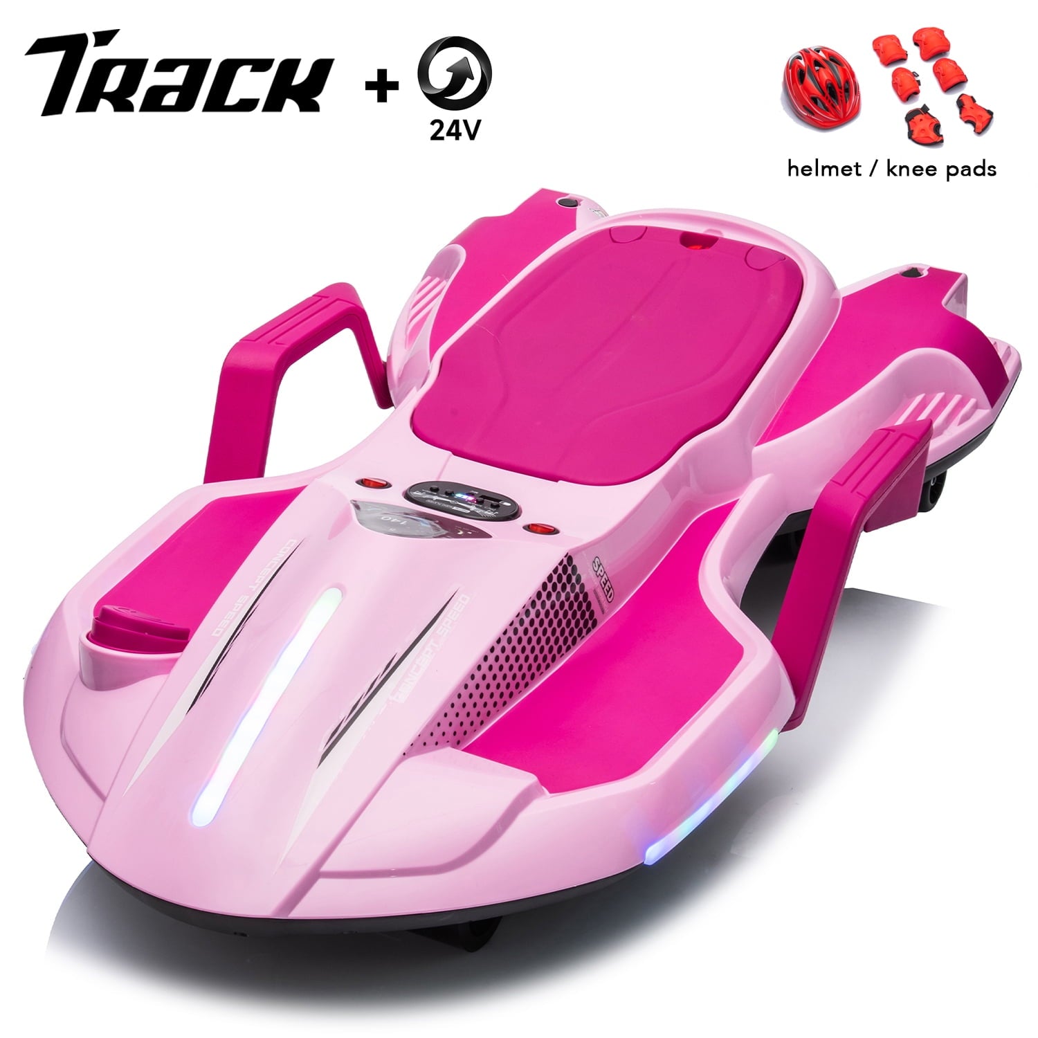 Track 7 24 V Ride on Car with Helmet, Knee Pads, Gloves, Devilfish Pattern Ride on Electric Scooter with Spray Function, Gravity Steering, Music, Hnadrails, Max Speed 6.84 mph, Red
