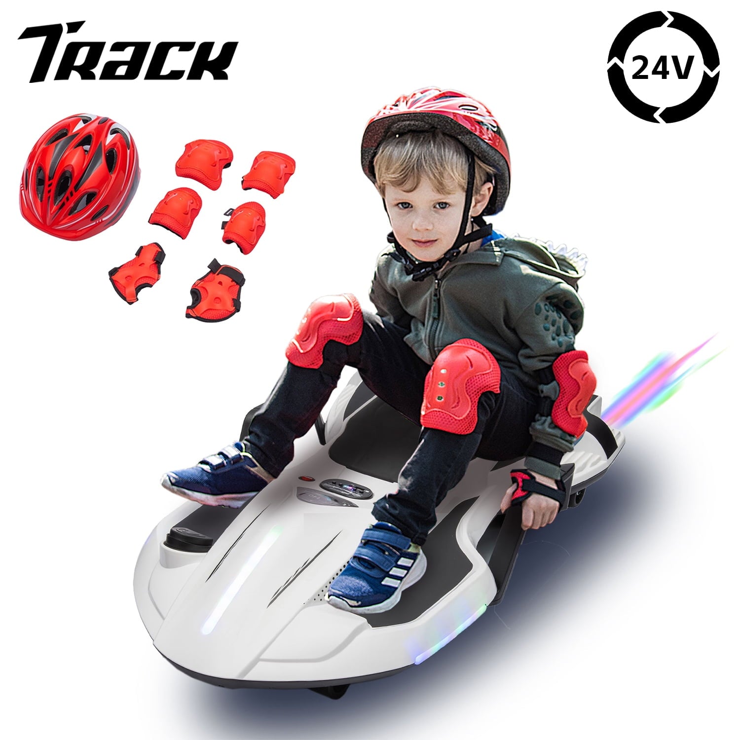 Track 7 24 V Ride on Car with Helmet, Knee Pads, Gloves, Devilfish Pattern Ride on Electric Scooter with Spray Function, Gravity Steering, Music, Hnadrails, Max Speed 6.84 mph, Red
