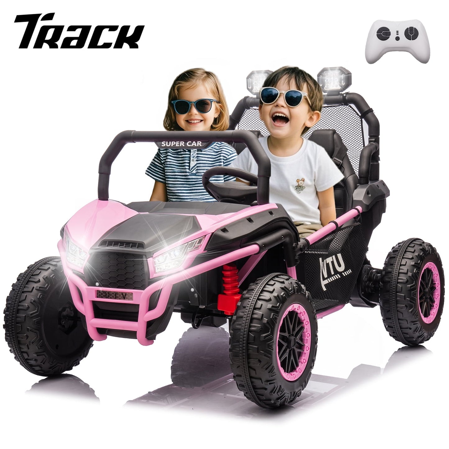 Track 7 24V Ride on Car for Kids, 2 Seater Ride on UTV with Remote Control, 20" Seat Width, 400W Electric Car, LED Lights, Rear Searchlight, Bluetooth, Rear Storage, 5 mph High Speed, Green