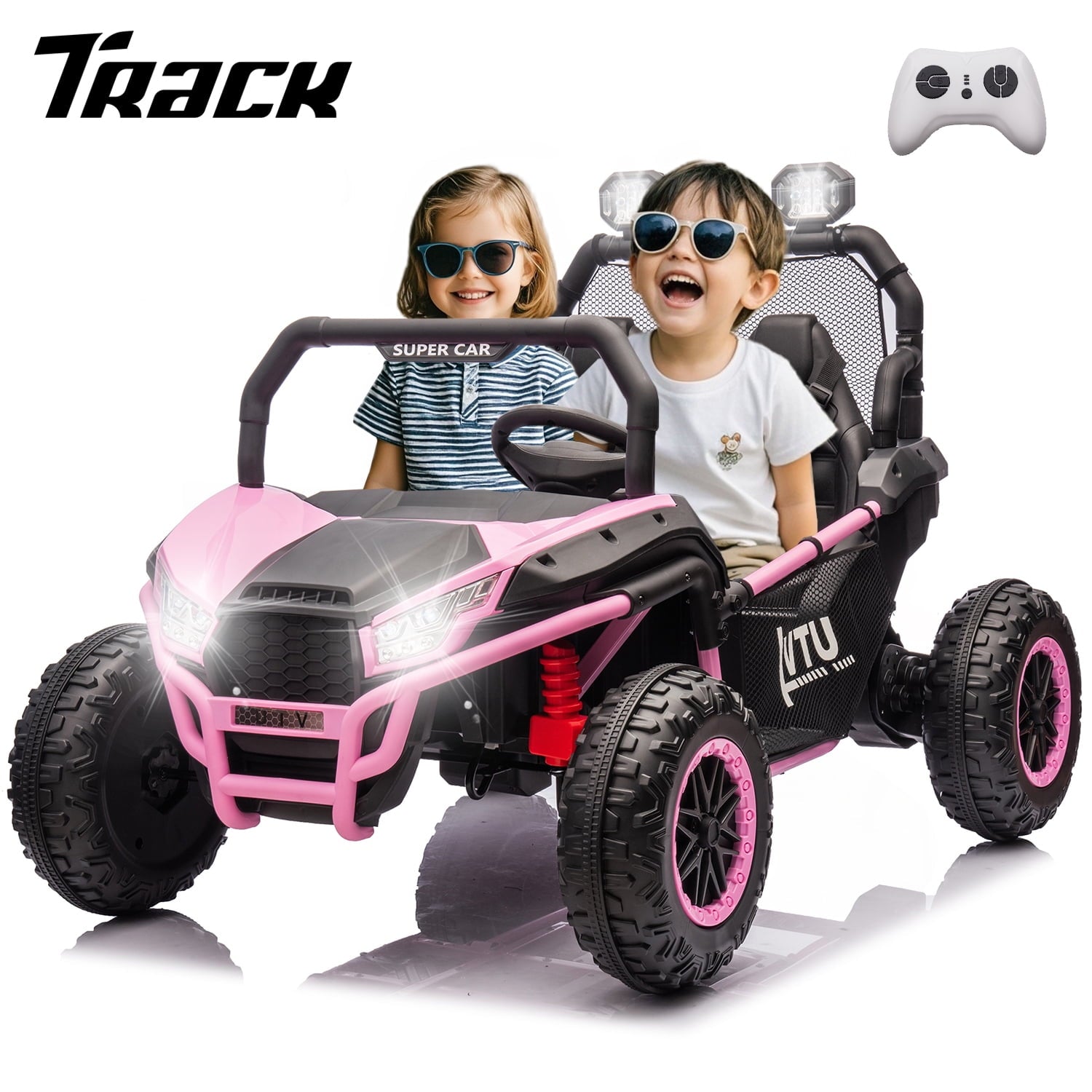 Track 7 24V Ride on Car for Kids, 2 Seater Ride on UTV with Remote Control, 20" Seat Width, 400W Electric Car, LED Lights, Rear Searchlight, Bluetooth, Rear Storage, 5 mph High Speed, Green