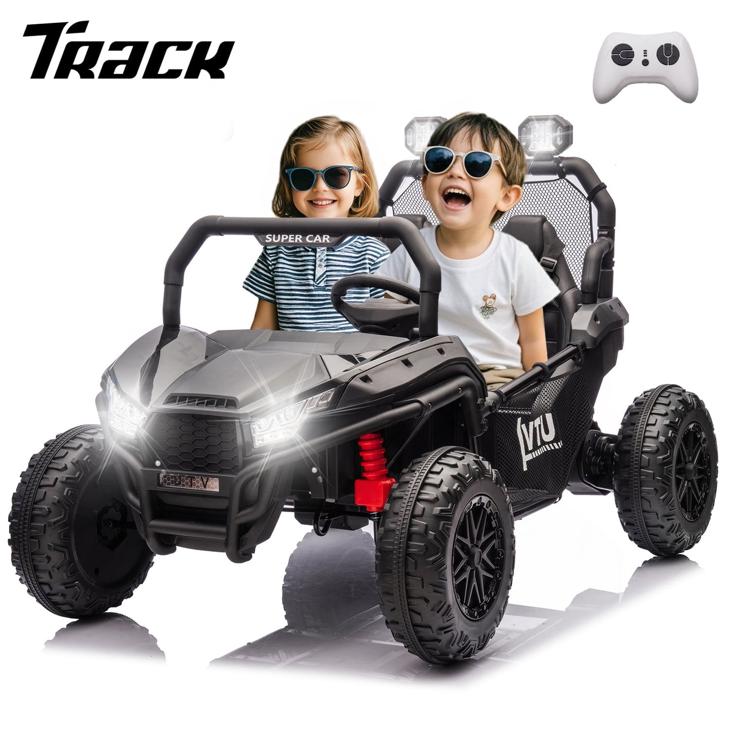 Track 7 24V Ride on Car for Kids, 2 Seater Ride on UTV with Remote Control, 20" Seat Width, 400W Electric Car, LED Lights, Rear Searchlight, Bluetooth, Rear Storage, 5 mph High Speed, Green