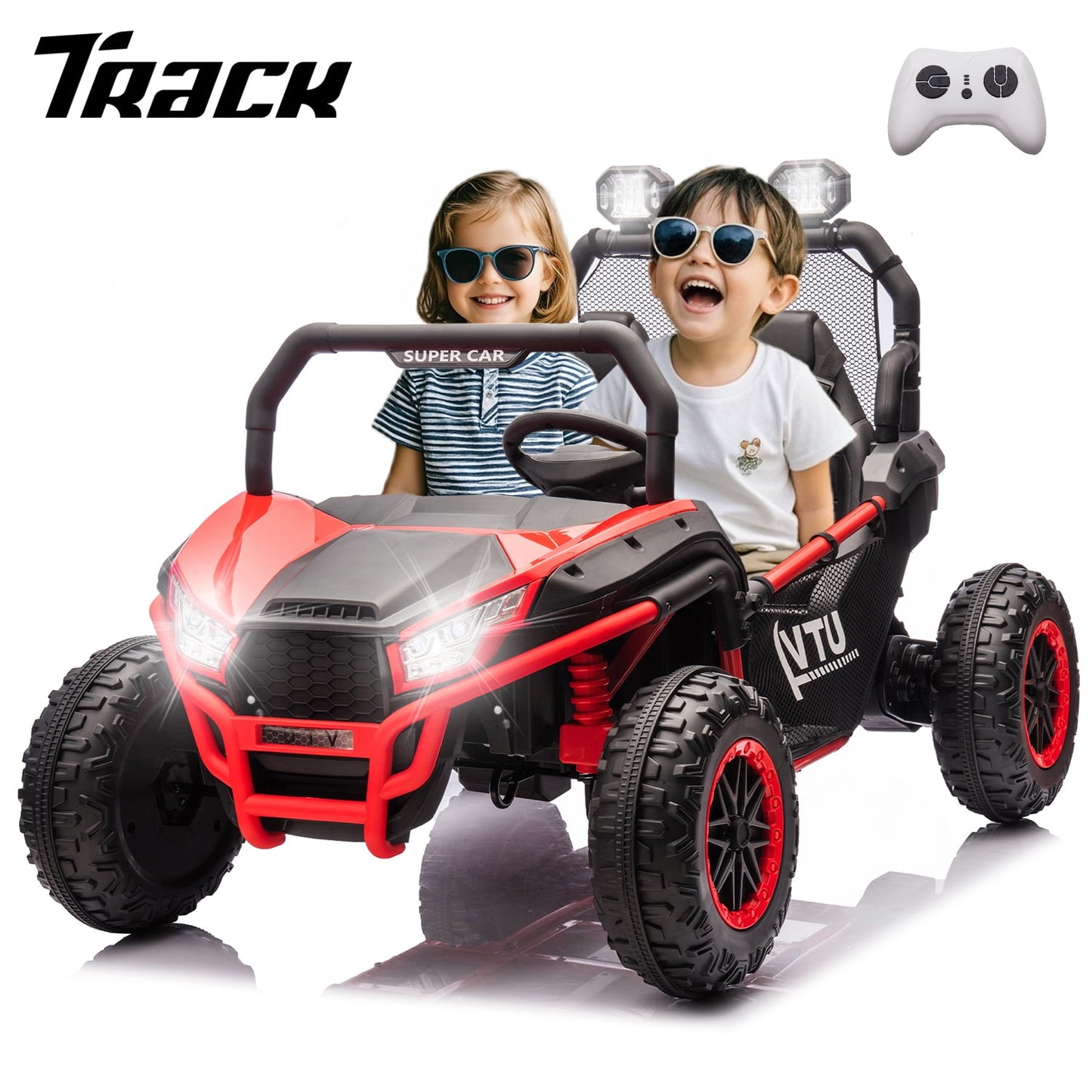 Track 7 24V Ride on Car for Kids, 2 Seater Ride on UTV with Remote Control, 20" Seat Width, 400W Electric Car, LED Lights, Rear Searchlight, Bluetooth, Rear Storage, 5 mph High Speed, Green