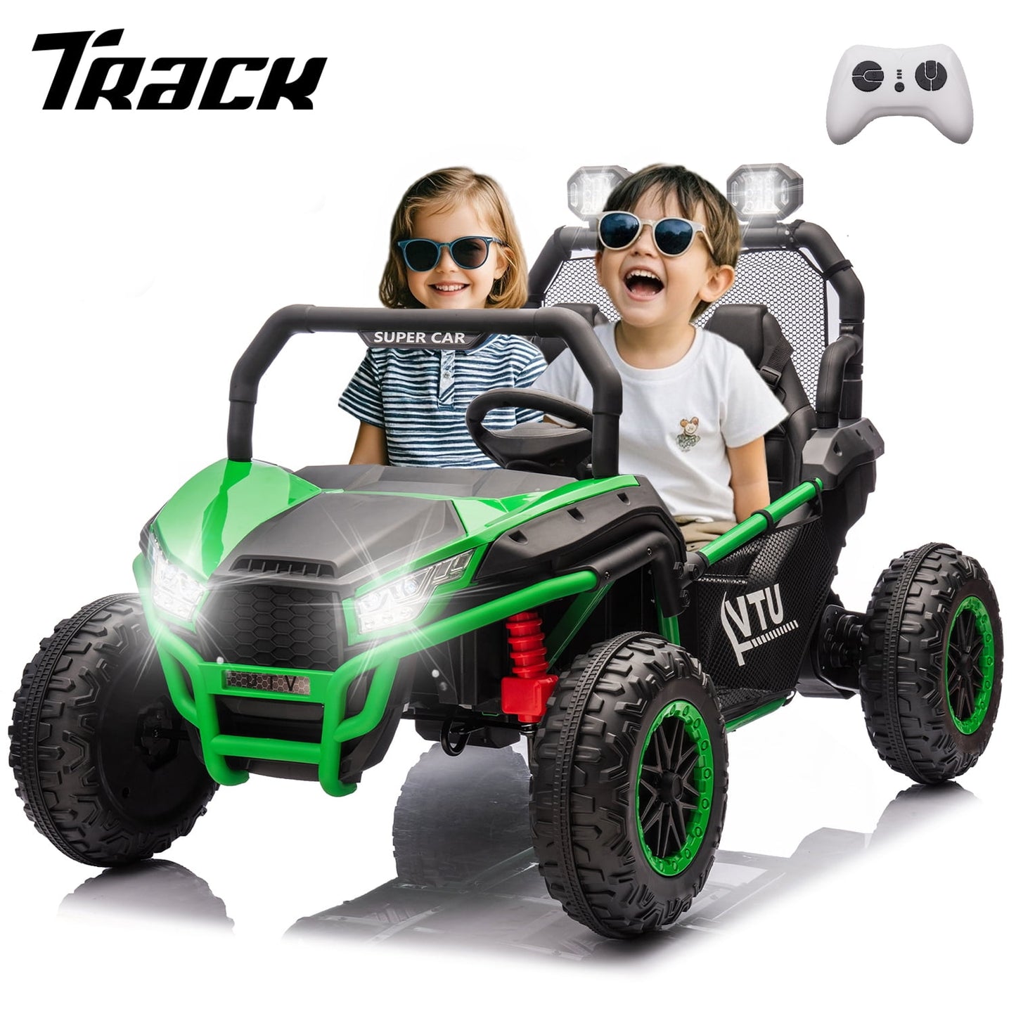 Track 7 24V Ride on Car for Kids, 2 Seater Ride on UTV with Remote Control, 20" Seat Width, 400W Electric Car, LED Lights, Rear Searchlight, Bluetooth, Rear Storage, 5 mph High Speed, Green