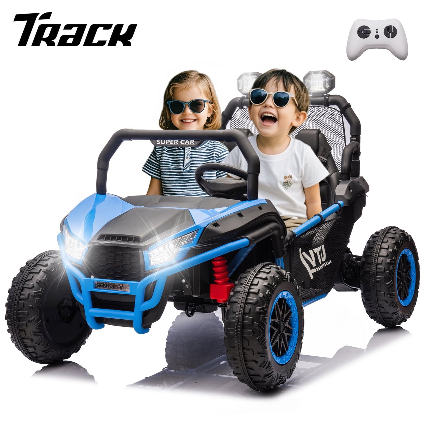 Track 7 24V Ride on Car for Kids, 2 Seater Ride on UTV with Remote Control, 20" Seat Width, 400W Electric Car, LED Lights, Rear Searchlight, Bluetooth, Rear Storage, 5 mph High Speed, Green