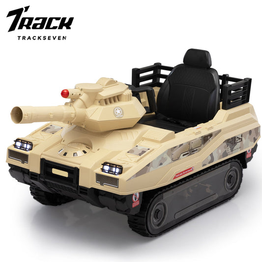 Track Seven 24V Ride on Car, Kids Ride on Tank with Fighting Cannon and Rotating Turret, Remote Control, Lights, Music, 360° Spin, Electric Off-Road RC Fighting Tank Truck, Yellow
