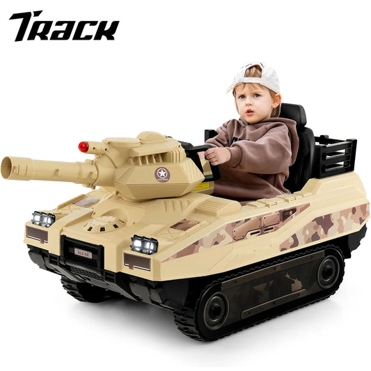 Track Seven 24V Ride on Car, Kids Ride on Tank with Fighting Cannon and Rotating Turret, Remote Control, Lights, Music, 360° Spin, Electric Off-Road RC Fighting Tank Truck, Yellow