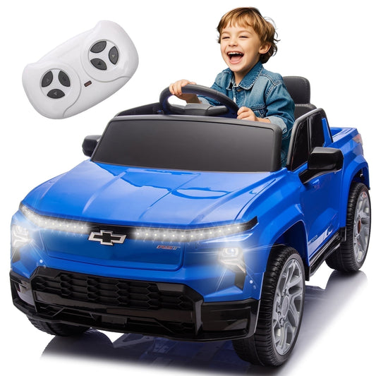 Track Seven 24V Ride on Car, Licensed Chevrolet Silverado Electric Car Truck with Remote Control, Bluetooth, LED Lights, Power Display, Rear Storage Ride on Toy Car for Boys Girls Age 3+, Blue