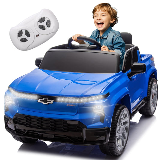 Track Seven 24V Ride on Car, Licensed Chevrolet Silverado Electric Car with Remote Control, Bluetooth, LED Lights, Power Display, Rear Storage, 24V Ride on Truck Car for Boys Girls Age 3+, Blue