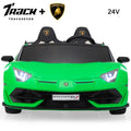 Track 7 24V Ride on Car, Licensed Lamborghini Drifting Car, 2-Seater Electric Car with Remote Control, MP3, LED Lights, PU Seat, Portable Handle, Green