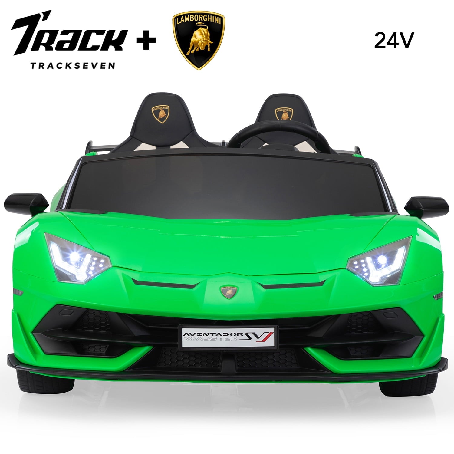 Track 7 24V Ride on Car, Licensed Lamborghini Drifting Car, 2-Seater Electric Car with Remote Control, MP3, LED Lights, PU Seat, Portable Handle, Yellow